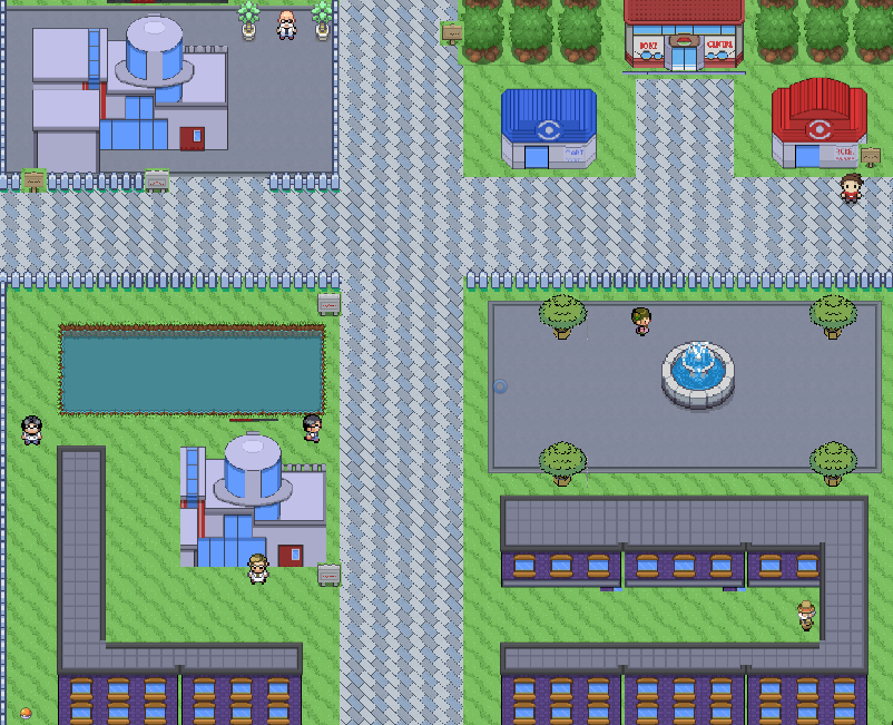 Thế giới 2D trong PokeMaster với thị trấn, NPC và các công trình